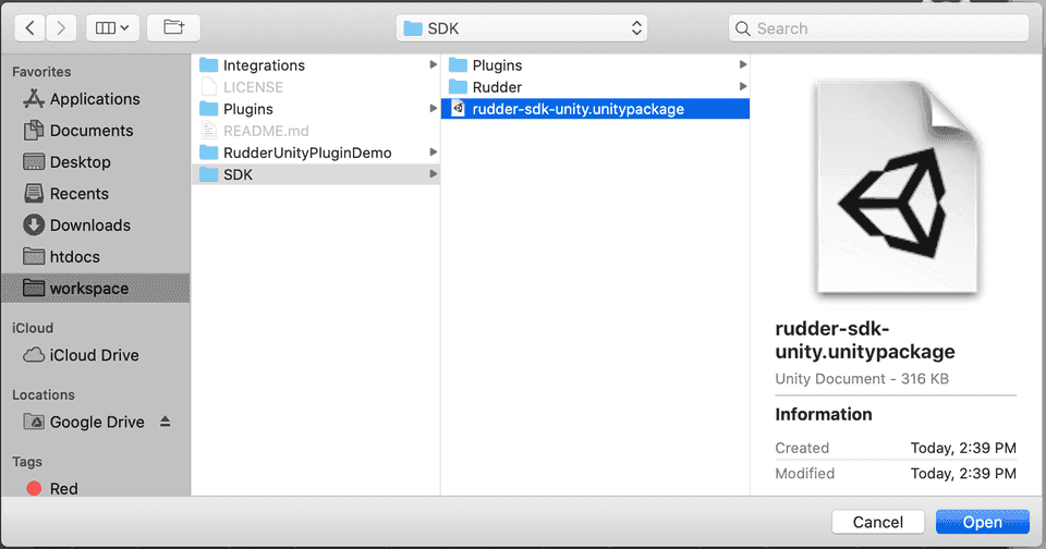 Selecting the Unity package for integration